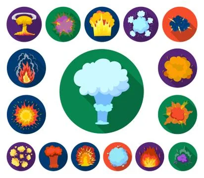 Different explosions flat icons in set collection for design.Flash and flame 스톡 일러스트