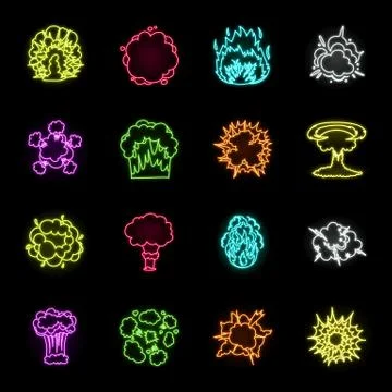Different explosions neon icons in set collection for design.Flash and flame Stock Illustration