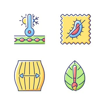 Different fabric features vector flat color icon set Stock Illustration