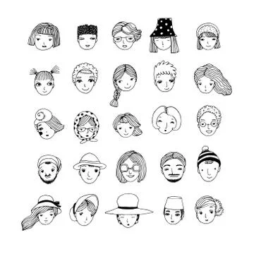 Different faces. Hand drawing isolated objects on white background. Illustrazione stock