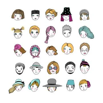 Different faces. Hand drawing isolated objects on white background. Illustrazione stock