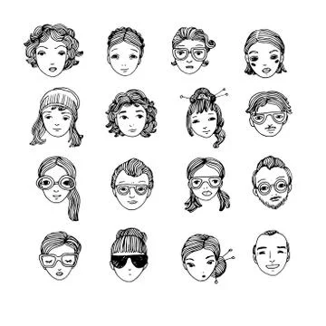 Different faces. Hand drawing isolated objects on white background. Illustrazione stock