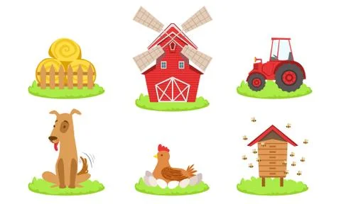 Different Farm Elements Set, Farm Animals, Windmill, Tractor, Beehive and Hay Stock Illustration