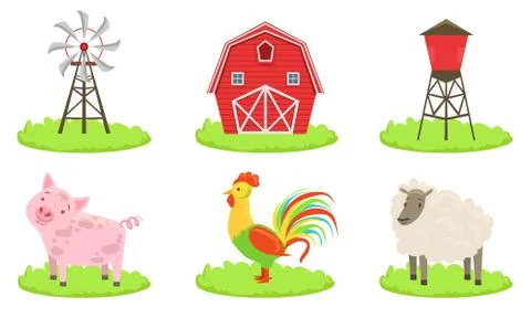 Different Farm Elements Set, Farm Animals, Wind Turbine, Barn, Silo Tower Vector Stock Illustration