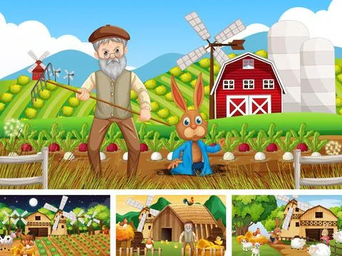 Different farm scenes with farm animals cartoon character Stock Illustration