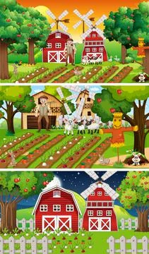 Different farm scenes with old farmer and animal cartoon character Stock Illustration