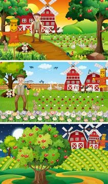 Different farm scenes with old farmer and animal cartoon character Stock Illustration