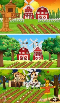 Different farm scenes with old farmer and animal cartoon character Stock Illustration