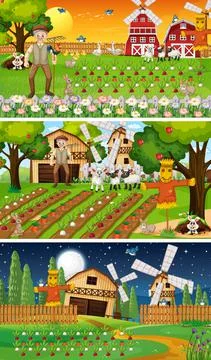 Different farm scenes with old farmer and animal cartoon character Stock Illustration