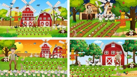 Different farm scenes with old farmer and animal cartoon character Stock Illustration