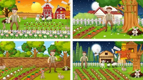 Different farm scenes with old farmer and animal cartoon character Stock Illustration