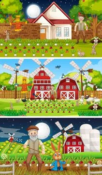 Different farm scenes with old farmer and animal cartoon character Stock Illustration