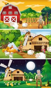 Different farm scenes with old farmer and animal cartoon character Stock Illustration