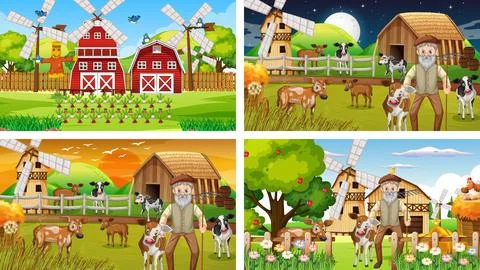 Different farm scenes with old farmer and animal cartoon character Stock Illustration
