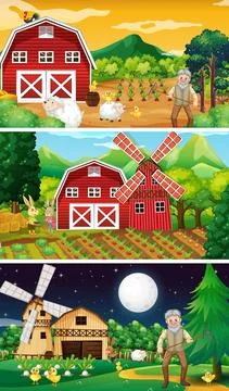 Different farm scenes with old farmer and animal cartoon character Stock Illustration