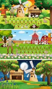 Different farm scenes with old farmer and animal cartoon character Stock Illustration
