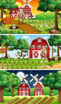 Different farm scenes with old farmer and animal cartoon character Stock Illustration