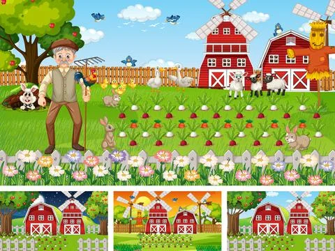 Different farm scenes with old farmer man cartoon character Stock Illustration
