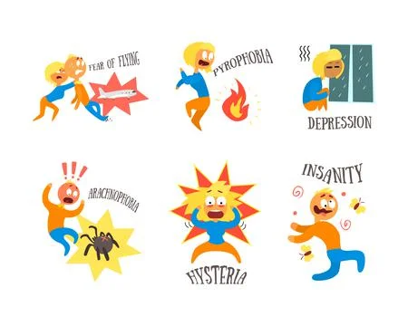 Different Fears and Phobia with Comic Man and Woman Afraid of Various Things 库存插图