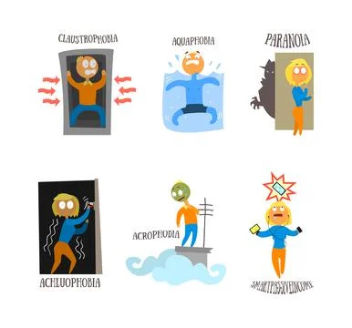 Different Fears and Phobia with Comic Man and Woman Afraid of Various Things Stock-Illustration