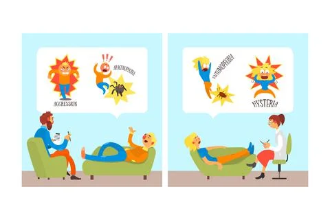 Different Fears and Phobia with Comic Man and Woman Afraid of Various Things Illustrazione stock