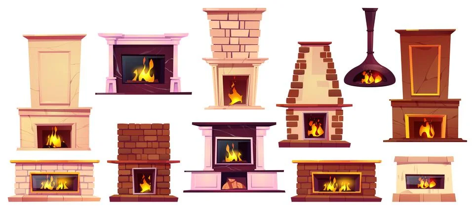 Different fireplaces with burning fire Stock Illustration