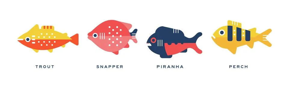 Different Fish Flat Icon with Name Vector Set Stock Illustration