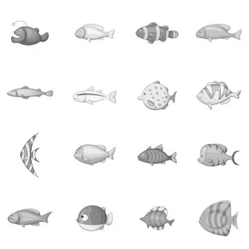 Different fish icons set, monochrome style Stock Illustration