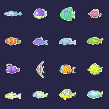 Different fish icons set vector sticker Stock Illustration