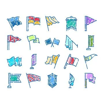 Different flag shapes and banners doodle icons set イラスト素材
