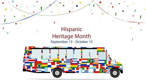 Different Flags of America on silhouette school bus with confetti, vector web Stock Illustration