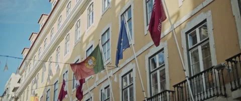 Different flags hanging on the balcony Stock Footage 151402204