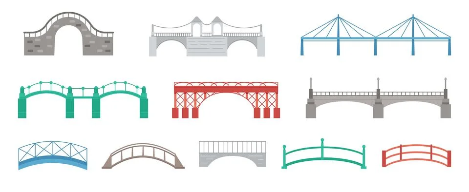 Different flat bridges. Isolated bridge icons, different metal bridgeworks Stock Illustration