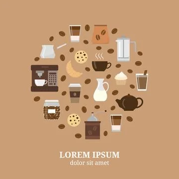 Different flat coffee icons composed in circle shape. Stock Illustration