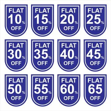 Different flat discount set, tags, stickers and banner. Stock Illustration