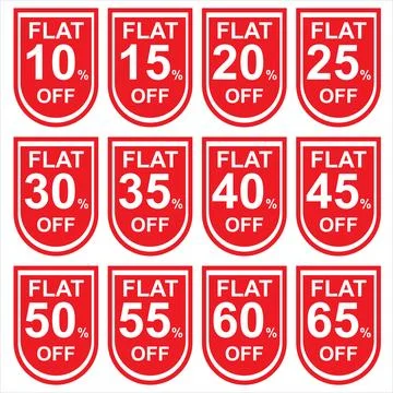 Different flat discount set, tags, stickers and banner. Illustrazione stock