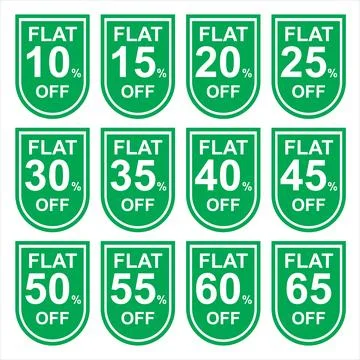 Different flat discount set, tags, stickers and banner. Illustrazione stock