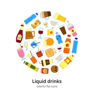 Different flat liquid drinks in circle. Illustrazione stock