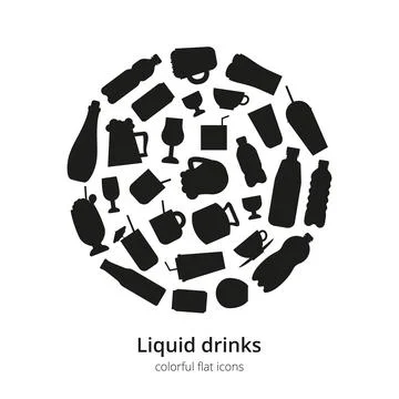 Different flat liquid drinks in circle. Stock Illustration