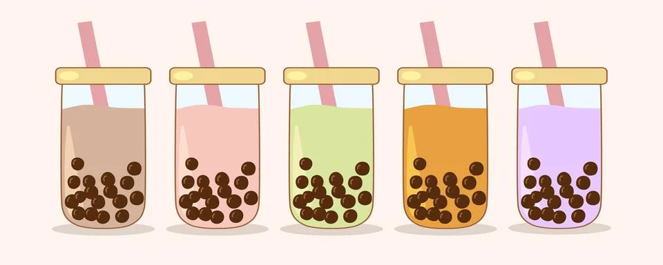 Different flavors of refreshing bubble tea showing tapioca pearls and straws in 스톡 일러스트