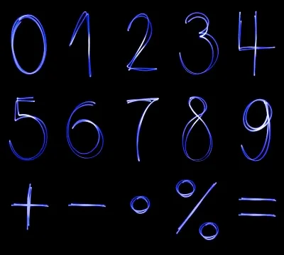 Different flourescent numbers and math symbols in blue neon color Stock Illustration