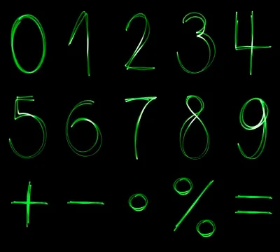 Different flourescent numbers and math symbols in green neon color Stock Illustration