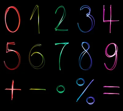 Different flourescent numbers and math symbols in different neon colors Stock Illustration