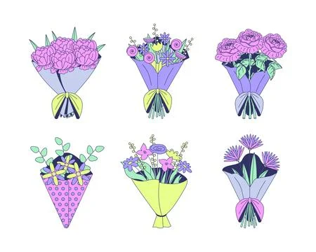 Different flower bouquets in decorative wrapping 2D cartoon objects set イラスト素材