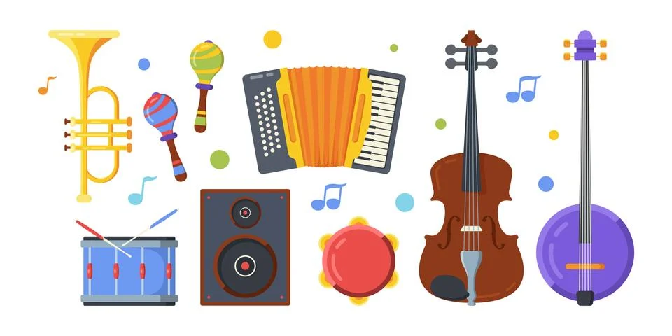Different folk musical instruments flat illustrations set Stock Illustration