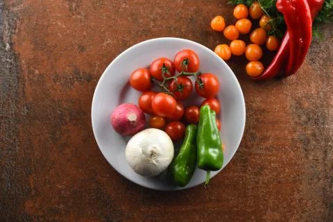 Different food and drink objects on stone and wood background Stock Photos