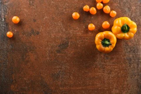Different food and drink objects on stone and wood background Stock Photos