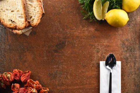 Different food and drink objects on stone and wood background Stock Photos