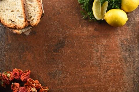 Different food and drink objects on stone and wood background Stock Photos