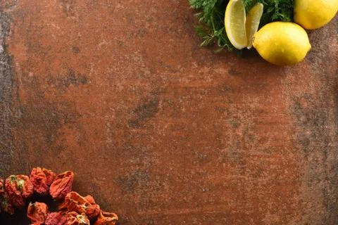 Different food and drink objects on stone and wood background Stock Photos